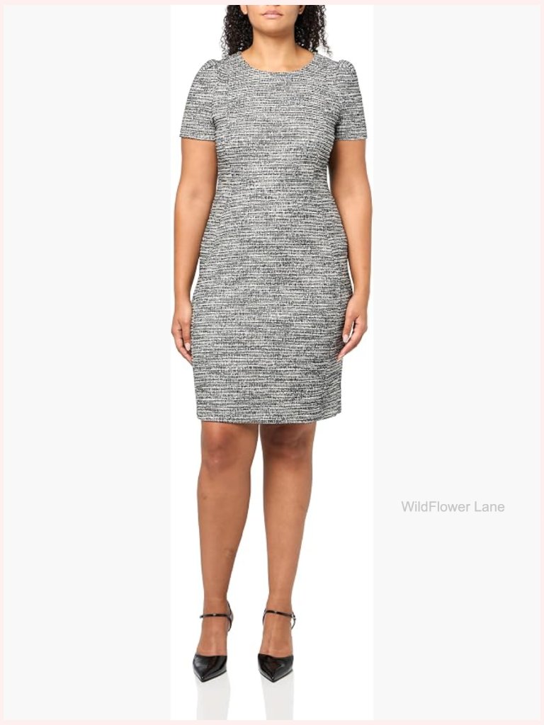 Tweed Short Sleeve Sheath Dress With Zipper Closure, Knee-Length